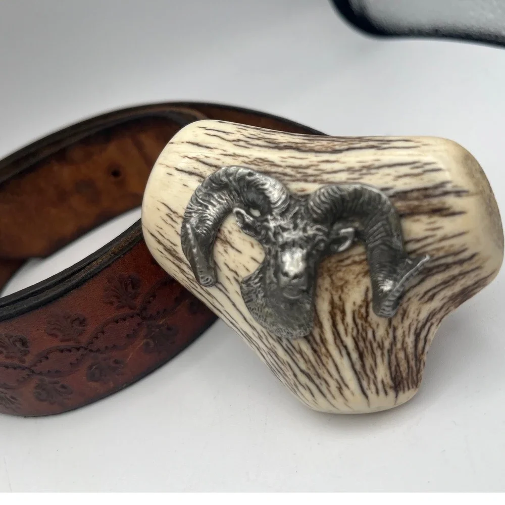 Vtg Antler Burr Belt Buckle 3D pewter Bighorn Ram Tooled Leather Belt Americana